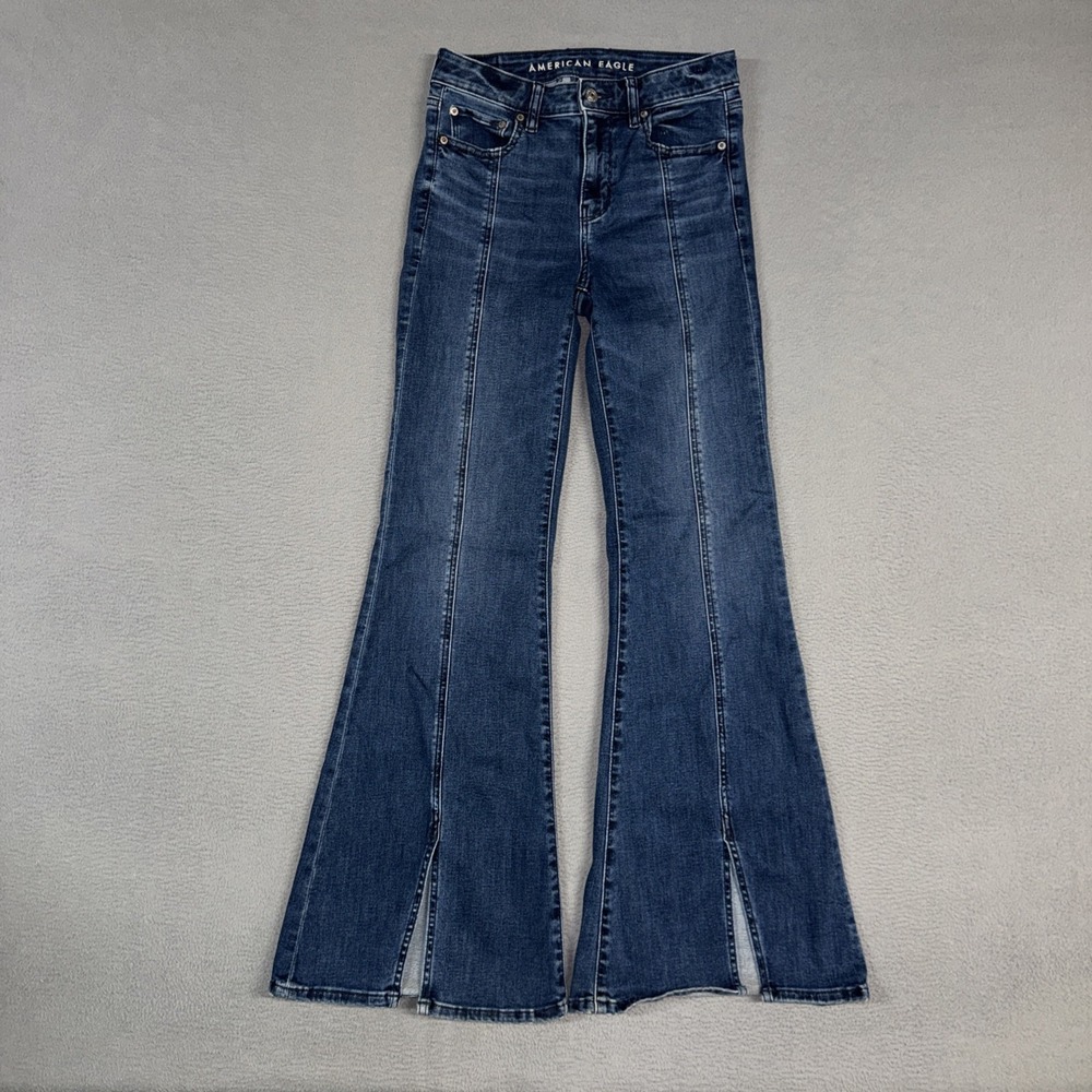 American Eagle Jeans Womens 4 Blue Festival Flare Stretch Distressed Denim